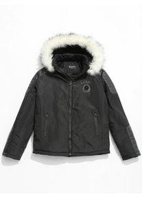 Applique Faux Fur Hoodie PU Parka Coat