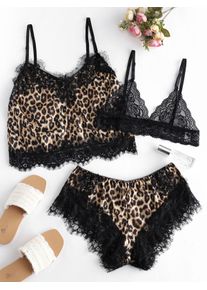 Ensemble de Pyjama Léopard en Dentelle Insérée Trois Pièces