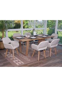 6er-Set Esszimmerstuhl HWC-A50 II, Stuhl Küchenstuhl, Retro 50er Jahre Design ~ Textil, creme/grau, helle Beine