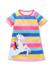 Girls Colorful Striped Horse Graphic Short Sleeve Dress