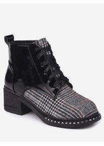 Plaid Rivets Mid Heel Boots