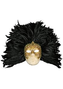 maskworld Piuma grande volto macrame oro piume nere - Venetian Mask