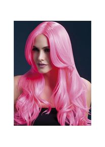 Smiffys Beach Waves Perücke neon-pink, Mittelscheitel