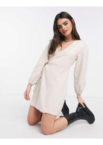 Fashion Union cosy mini wrap dress in brushed jersey-Neutral