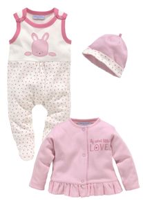 Klitzeklein , Strampler, J&auml;ckchen & M&uuml;tze &raquo;Cute Babygirl&laquo;, aus Bio-Baumwolle , rosa , rosa-wei&szlig; , 3tlg Set von Klitzeklein f&uuml;r M&auml;dchen