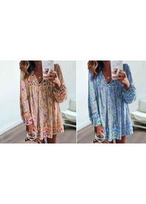 Floral Long-Sleeved V-Neck Summer Dress - 4 Colours & 5 Sizes