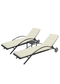 2er-Set Sonnenliege HWC-E27, Relaxliege Gartenliege, Poly-Rattan ~ schwarz, Kissen creme-beige