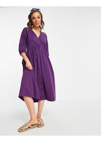 ASOS DESIGN midi smock dress with wrap top in aubergine-Purple