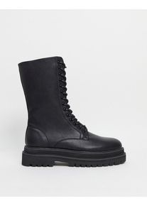 ASOS DESIGN lace up calf boots in black faux leather on chunky sole