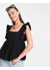 Fashion Union tie back smock top with frill shoulders-Black