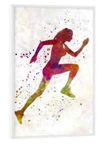 Poster with white frame "Woman runner jogger running-e" artboxONE Framed Poster