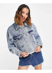 Urban Revivo acid wash denim jacket with raw hem edge in light blue