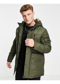 Jack & Jones Jack & Jones Essentials parka with faux fur hood in khaki-Green