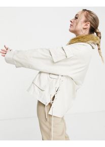 Urban Revivo parka jacket with faux fur collar in off white-Green