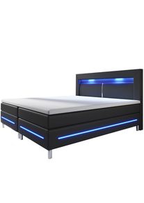 Juskys Rugós ágy Norfolk 180 x 200 cm fekete - LED sávokkal és rugós matraccal