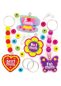 Mother's Day Wooden Keyring & Bag Dangler Kits (Pack of 4) Craft Kits For Kids, 7 Bead Colours, Split Rings Included