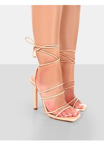 Make Way Nude Patent Strappy Lace Up Square Toe Stilettos - US 7