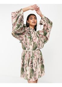 ASOS DESIGN mini plisse dress with blouson sleeve and tie detail in romantic floral print-Multi