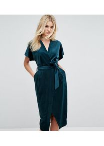 Closet London Premium Allover Velvet Wrap Dress With Kimono Sleeve-Green