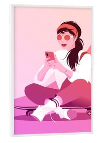 Poster with white frame "Skaterin mit Smartphone im Sommer" artboxONE Framed Poster
