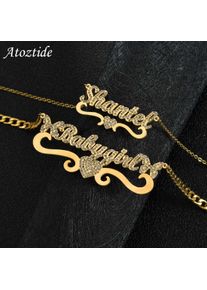 Atoztide Heart Custom Name Zircon Necklace for Women 4mm NK Thick Chain Stainless Steel BlingBling Stone Pendant Gift