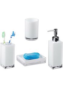 Accessoires salle de bain Set 4 pièces distributeur savon gobelet brosse à dent porte-savon plastique, blanc - Relaxdays