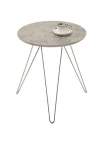 Idimex Table d'appoint benno table à café table basse ronde bout de canapé design retro vintage pieds épingle en métal chromé, décor béton - couleur béton