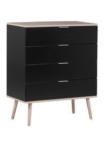 Commode 4 Tiroirs Spacieux Noirs avec Pieds Obliques en Bois Clair Meuble de Rangement Pratique pour Chambre ou Salon Scandinave et Rétro Beliani