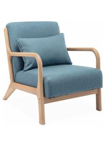 Fauteuil design en bois et tissu. 1 place droit fixe. pieds compas scandinave. assise confortable. structure en bois solide. bleu - Bleu