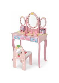 Coiffeuse pour Enfants 2 en 1 avec Miroir Amovible Pliable Chaise 3 Tiroirs 2 Boîtes de Rangement Table de Maquillage rose - Costway