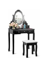 Relax4life - Coiffeuse Table de Maquillage avec Miroir Rond, Tiroirs et Tabouret en Coussin Doux, Pieds en Bois de Pin, Entretien Facile, Style