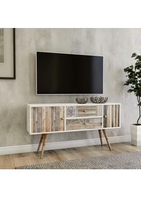 Cotecosy - Meuble tv scandinave romantique portes et tiroirs 122cm Glifak Impressions Bois et moulures - Bois / Blanc
