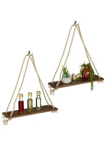 Tagère flottante bois, set de 2, tablette suspendue, cordes maritime, vintage plante, 49 x 43 x 13 cm, brun - Relaxdays