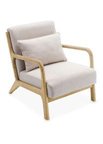 Fauteuil design en bois et tissu. 1 place droit fixe. pieds compas scandinave. structure en bois solide. assise confortable beige - Beige