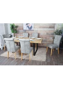 6er-Set Esszimmerstuhl Chesterfield II, Stuhl Küchenstuhl, Nieten ~ Stoff/Textil hellgrau, helle Beine