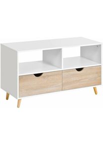 HOMCOM - Meuble tv bas sur pieds style scandinave 2 tiroirs coloris chêne clair blanc - Blanc