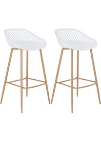 Idimex Lot de 2 tabourets de bar irek chaise haute cuisine ou comptoir au design retro en plastique blanc et métal décor bois, assise 75 cm - Blanc