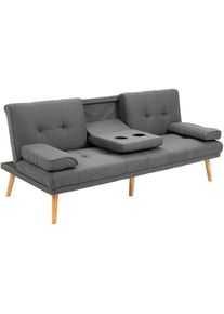 HOMCOM Canapé convertible 3 places design scandinave inclinaison dossier réglable 3 niveaux dossier central rabattable 2 porte-verres bois massif lin gris