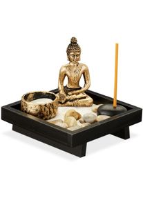 Relaxdays - Jardin zen, avec Bouddha, pierres, sable, tiges d'encens & porte-bougie, relaxation, Déco Feng shui, noir