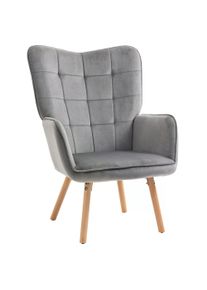 HOMCOM Grey Velvet Accent Chair Tufted Wingback Upholstered with Wood Legs Modern Lounge Sofa | Aosom Ireland