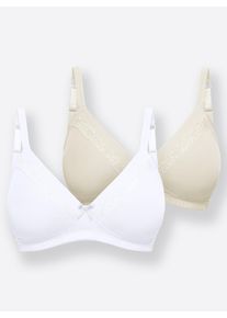 w&auml;schepur Damen Schalen-BH ohne B&uuml;gel mit vorgeformten Cups in wei&szlig; + champagner ,Gr&ouml;&szlig;e 100A, Witt, 68% Baumwolle, 24% Polyamid, 8% Elasthan. Spitze: 90% Polyamid, 10% Elasthan