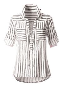 Dames Gestreepte blouse met vetersluiting bij de hals in taupe/wit gestreept ,maat 36, WITT, 100% Viscose