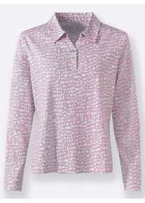 Dames Poloshirt met knoopsluiting in hortensia/steengrijs bedrukt ,maat 36, WITT, 50% Katoen, 50% Modal