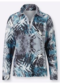 Damen Poloshirt mit unterlegtem Reißverschluss in petrol-grau-bedruckt ,Größe 40, WITT, 100% Polyester