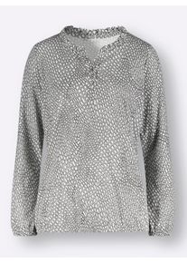 Dames Shirt met lange mouwen in materiaalmix in steengrijs/ecru bedrukt ,maat 36, WITT, 50% Katoen, 50% Modal