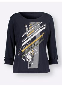 Dames Shirt met lange mouwen en versiering van glittersteentjes in marine/wit geprint ,maat 36, WITT, 100% Katoen