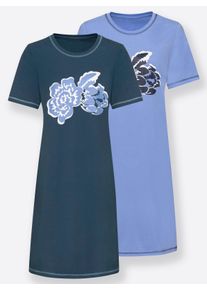 Dames Nachthemden met op dessin geplaatste bloemenprint in blauw + marine ,maat 36/38, WITT, 100% Katoen