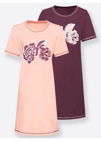 Dames Nachthemden met op dessin geplaatste bloemenprint in roze + bordeaux ,maat 36/38, WITT, 100% Katoen