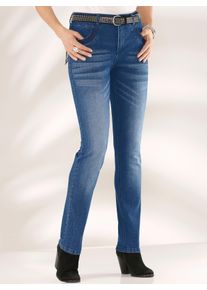 Damen R&ouml;hrenjeans mit Zipper an Ges&auml;&szlig;taschen in blue-stone-washed ,Gr&ouml;&szlig;e 235, WITT, 79% Baumwolle, 19% Polyester, 2% Elasthan