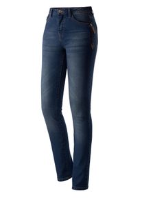 Dames 5-pocketjeans met ritssluiting en hanger van imitatieleer in blue-stonewashed ,maat 80, WITT, 79% Katoen, 19% Polyester, 2% Elastan